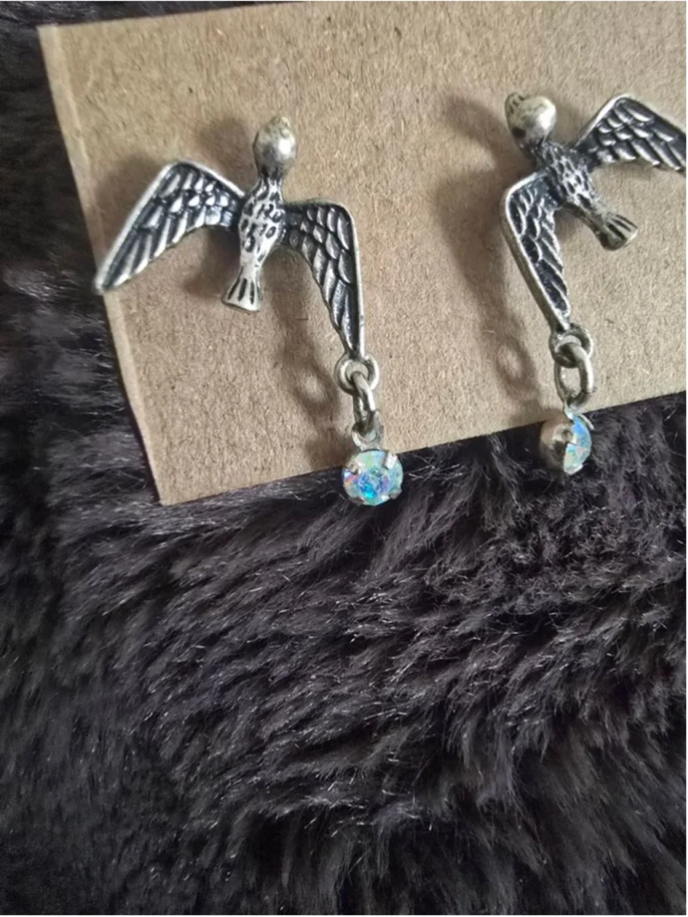 Vintage Betsey Johnson Silver Bird Earrings Iridescent Stone Accent FairyCore